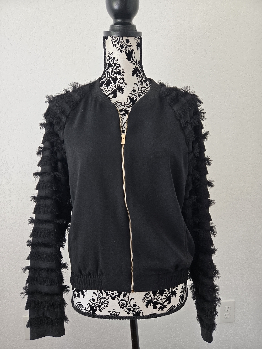 Zara Black Fringe-Sleeve Bomber Jacket with Gold Zipper